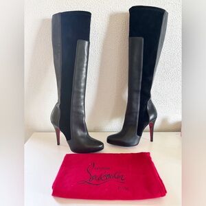 Christian Louboutin YSA Black Leather Suede Knee High Heeled Boots Size EU 38.5